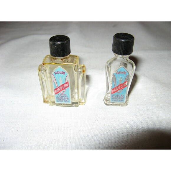 Lot of 2 Vintage Radio Girl Mini Glass Perfume Bottles  St Paul Minnesta 1940s - Picture 1 of 3